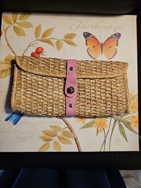 Woven Straw Clutch with Pink Leather Strap